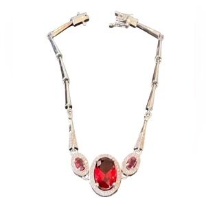 Lovely Rhinestone 7.5” Sterling Silver 925 Red Stone CZ Art Deco Style Bracelet